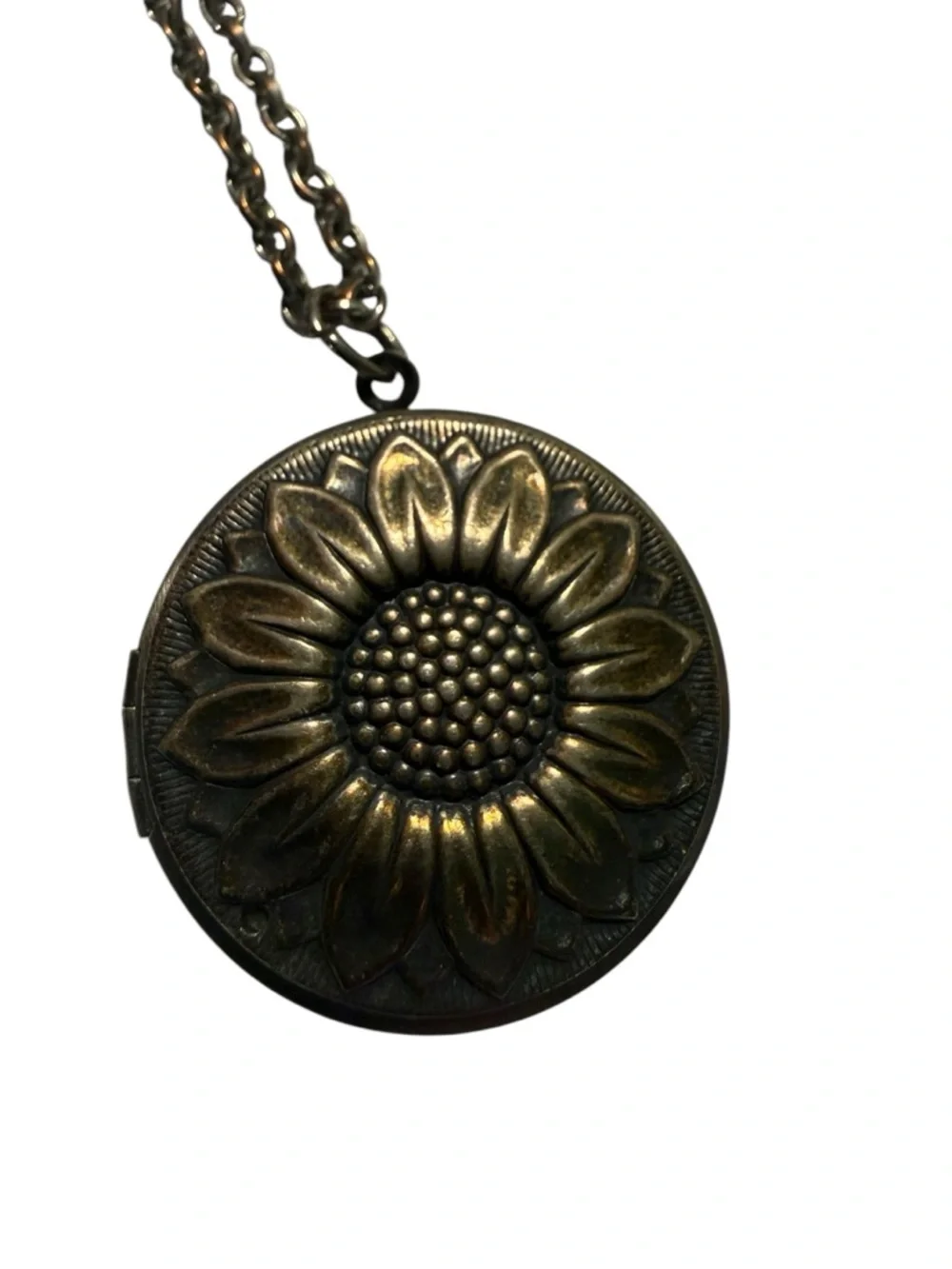 Vintage Locket Sunflower Medallion Pendant Necklace - Antiqued Silver Patina